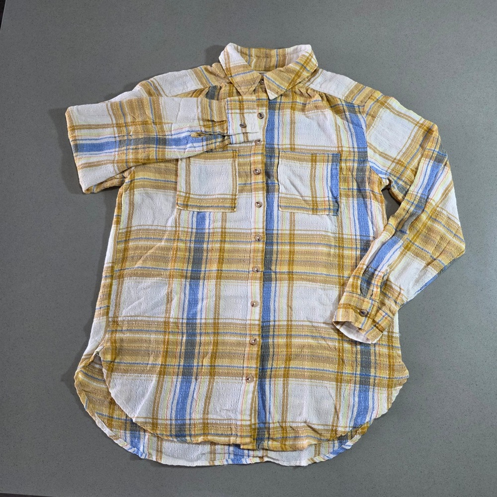 Pilcro Anthropologie Yellow Blue Plaid Button Down Shirt XS Crinkle Textured